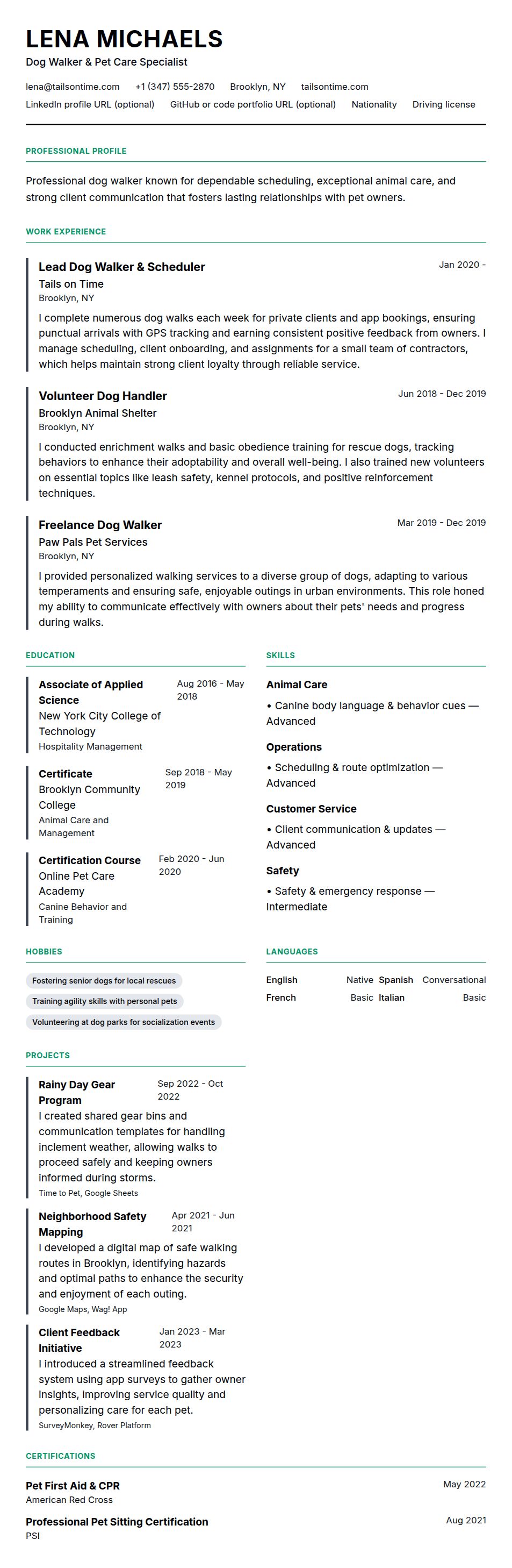 Resume preview for Dog Walker Resume Example