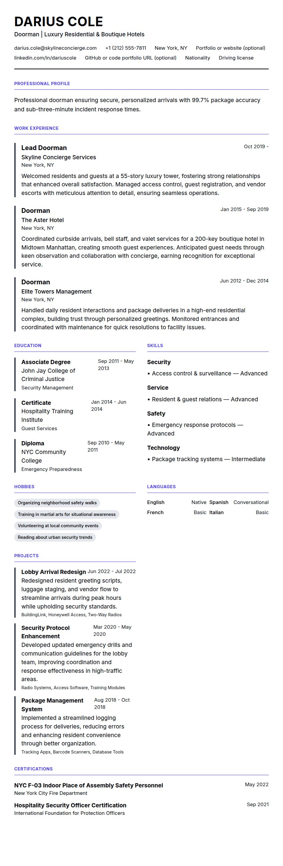 Resume preview for Doorman Resume Example