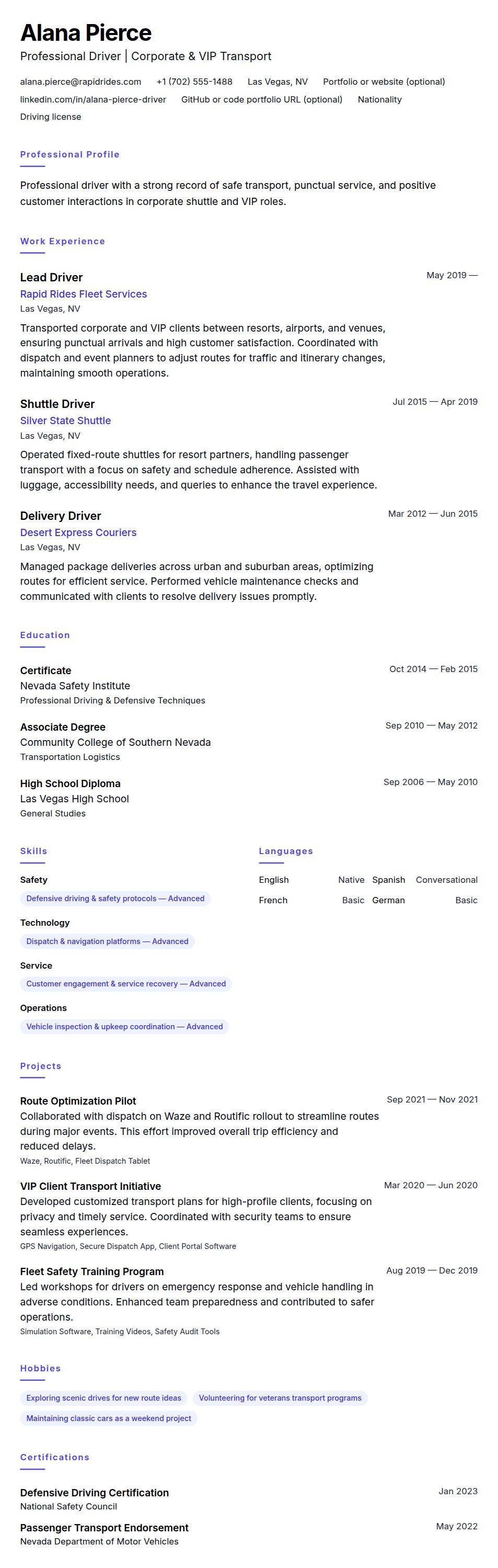 Resume preview for Driver Resume Example