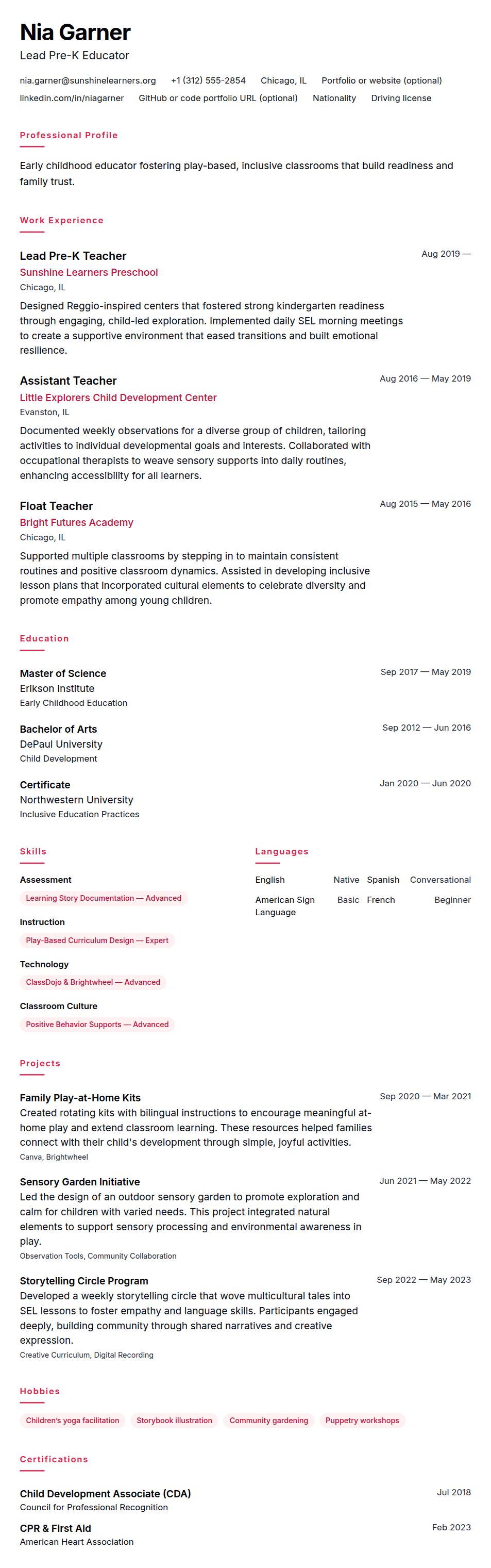 Resume preview for Early Childhood Educator Resume Example