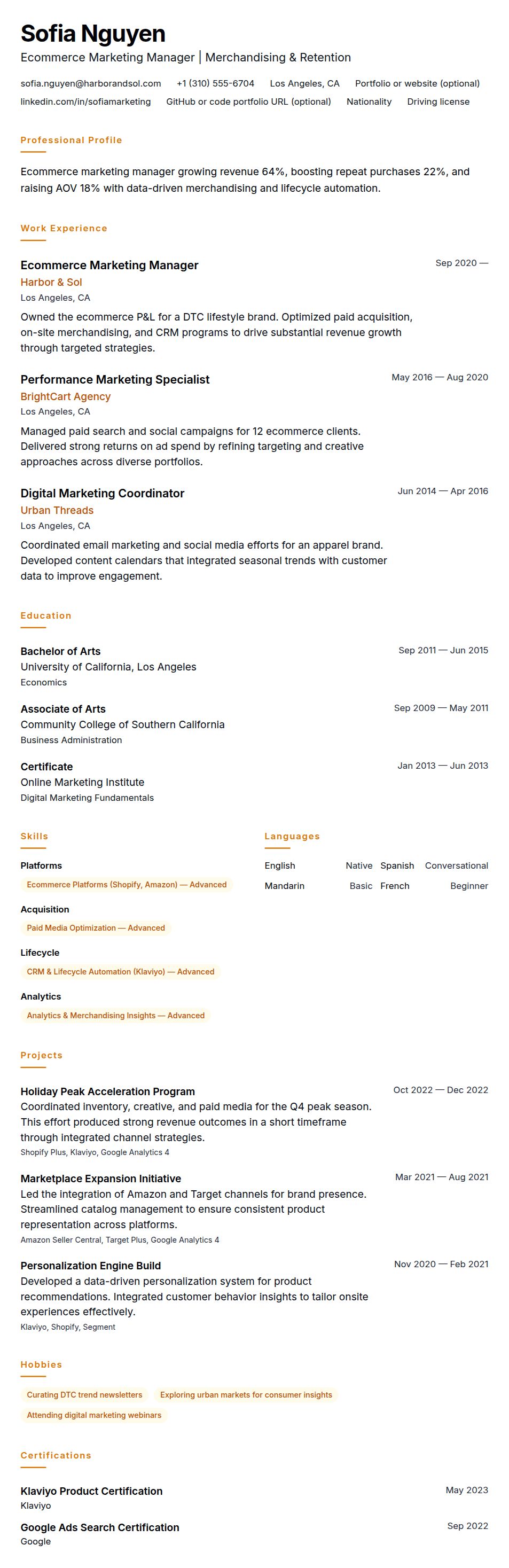 Resume preview for Ecommerce Marketing Manager Resume Example