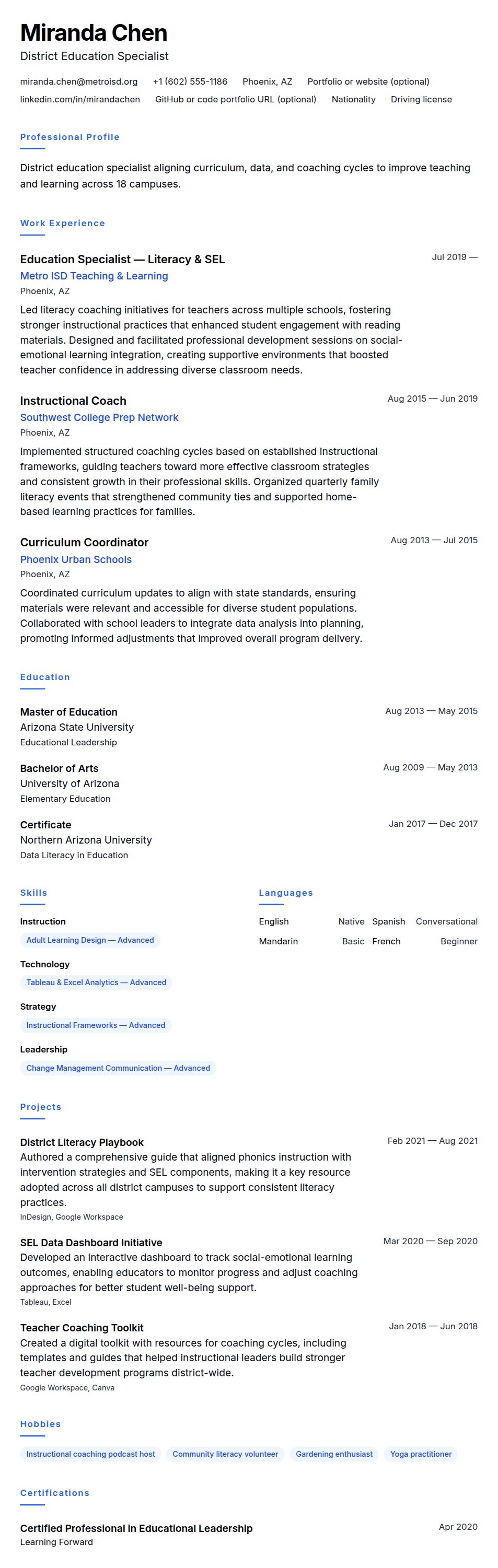 Resume preview for Education Specialist Resume Example