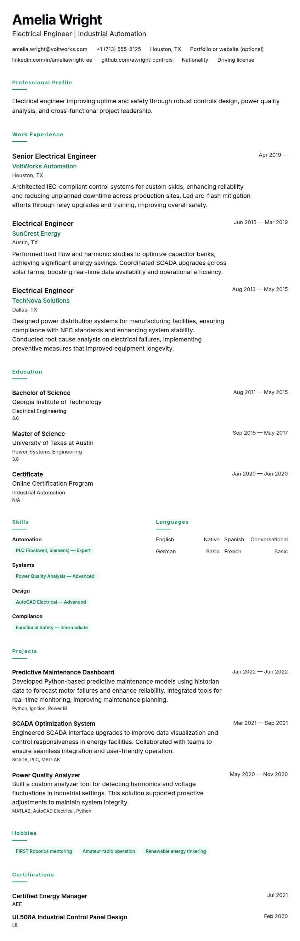 Resume preview for Electrical Engineer Resume Example