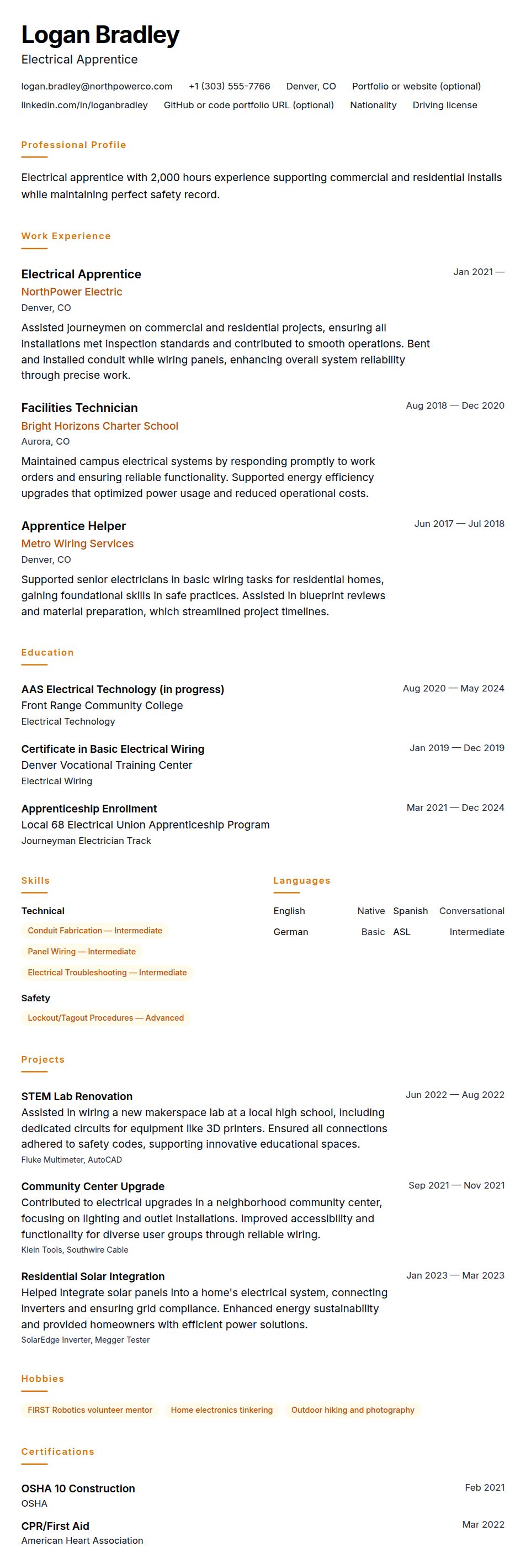 Resume preview for Electrician Apprentice Resume Example