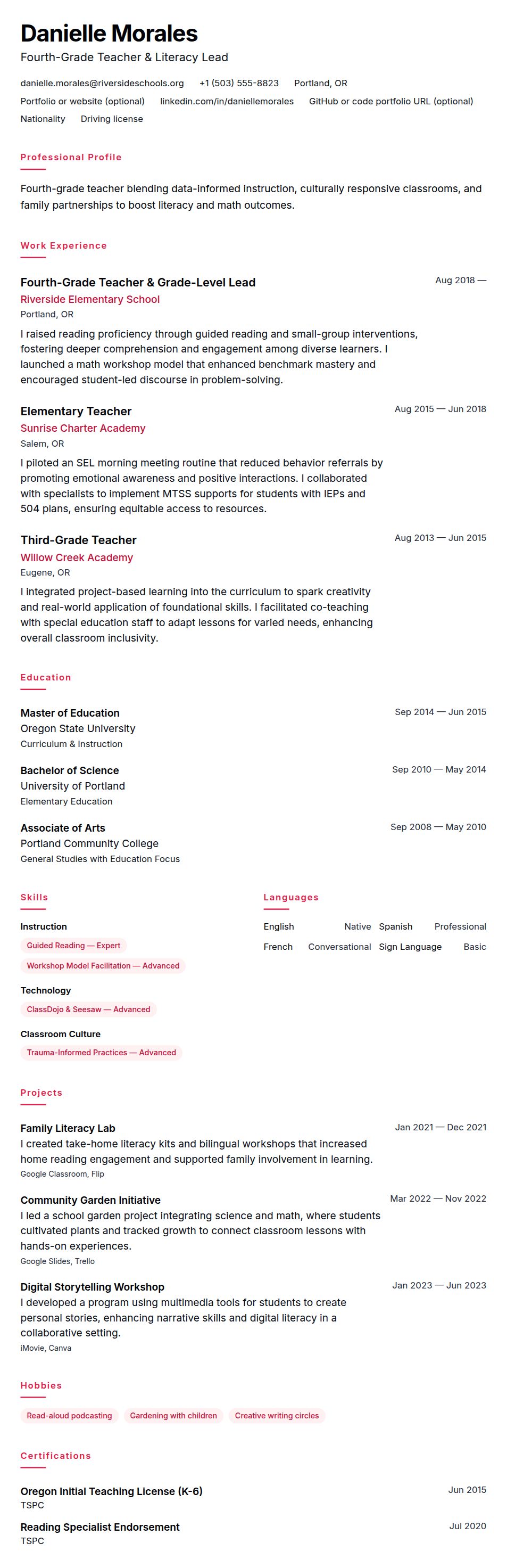 Resume preview for Elementary School Teacher Resume Example