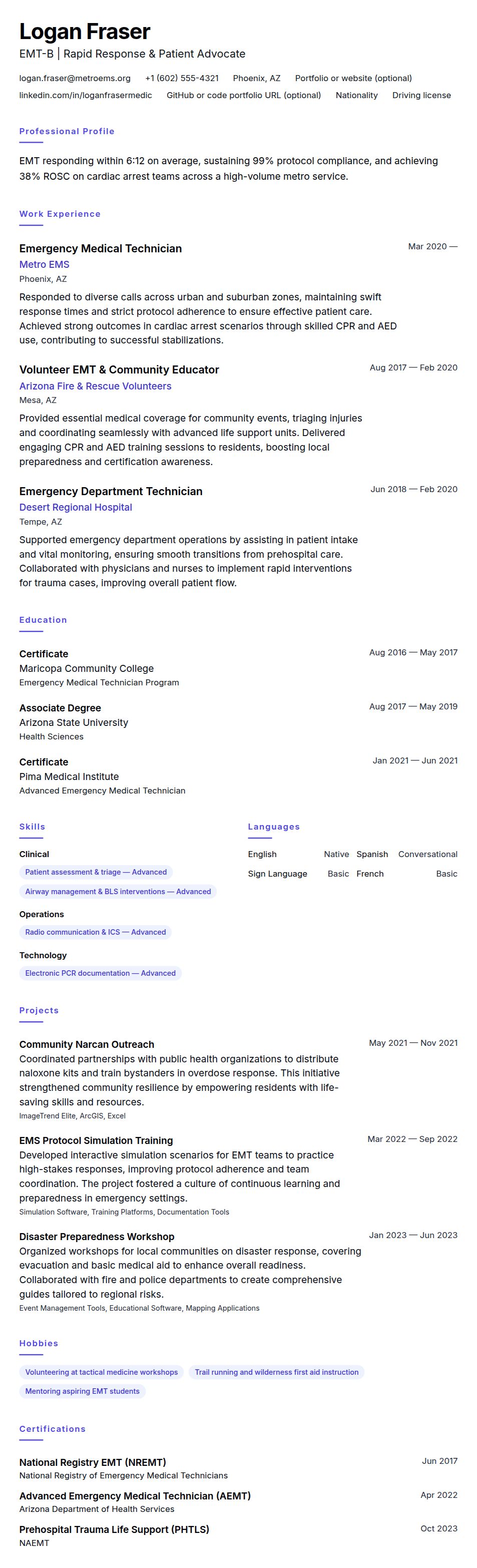 Resume preview for Emergency Medical Technician (EMT) Resume Example