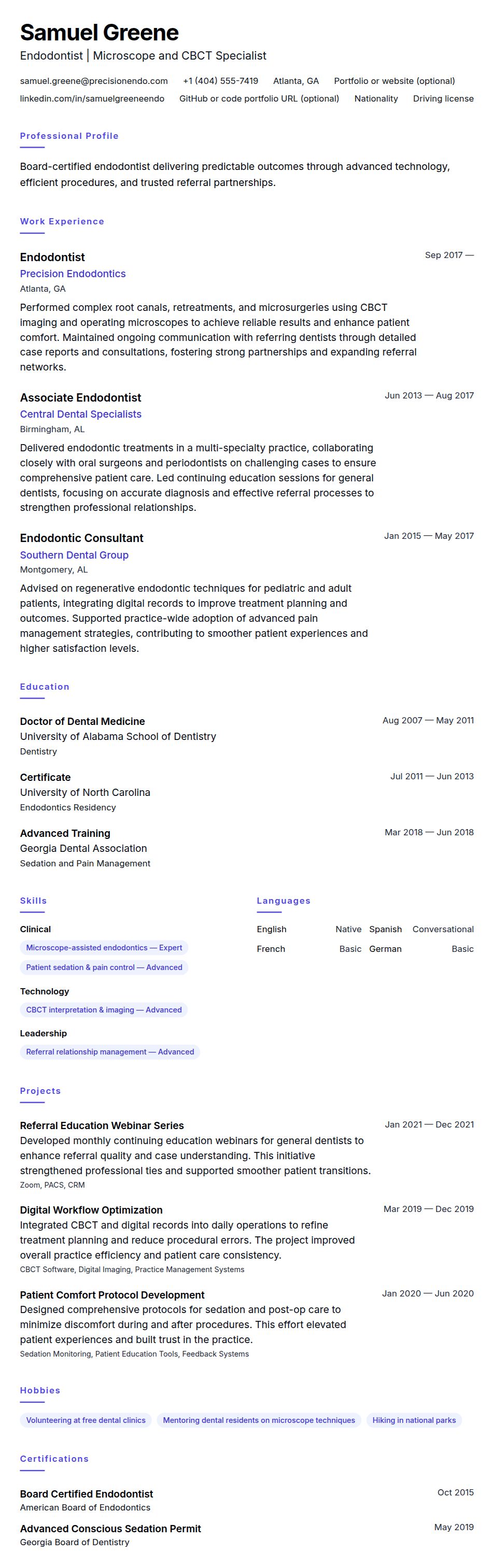 Resume preview for Endodontist Resume Example