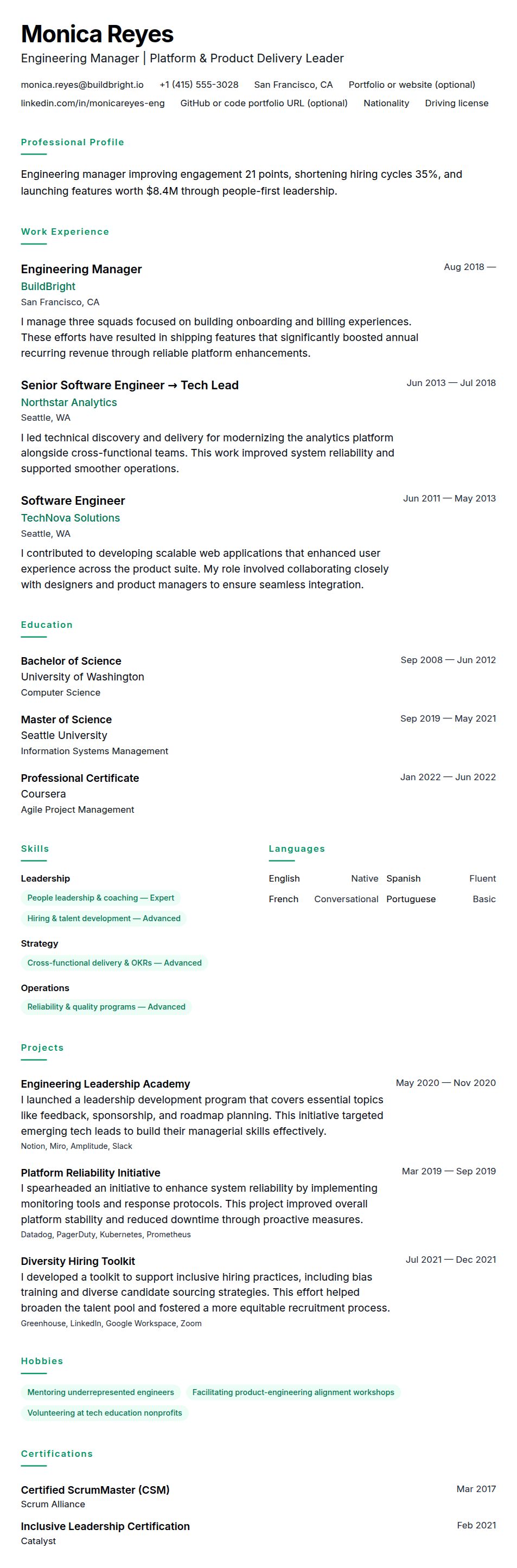 Resume preview for Engineering Manager Resume Example