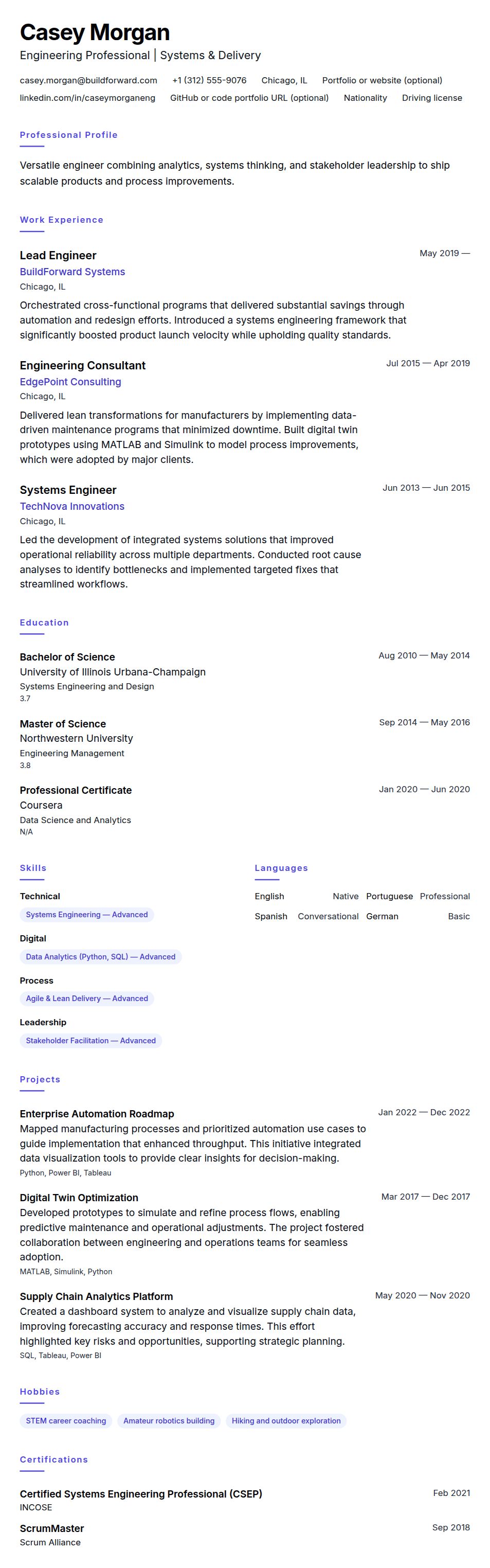 Resume preview for Engineering Resume Example