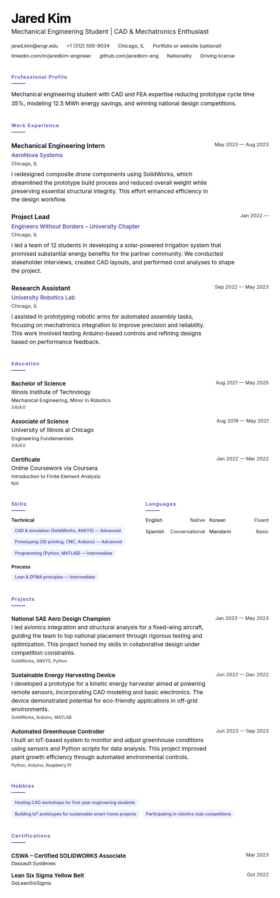 Resume preview for Engineering Student Resume Example