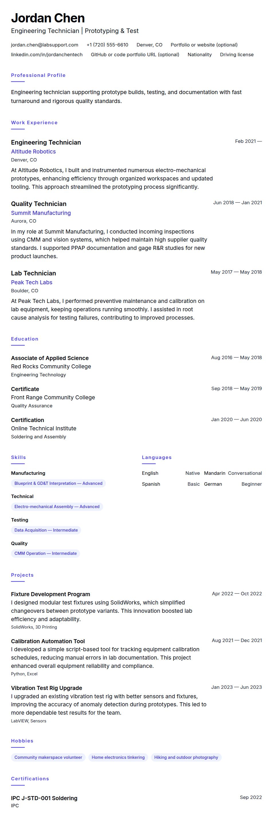 Resume preview for Technician Resume Example