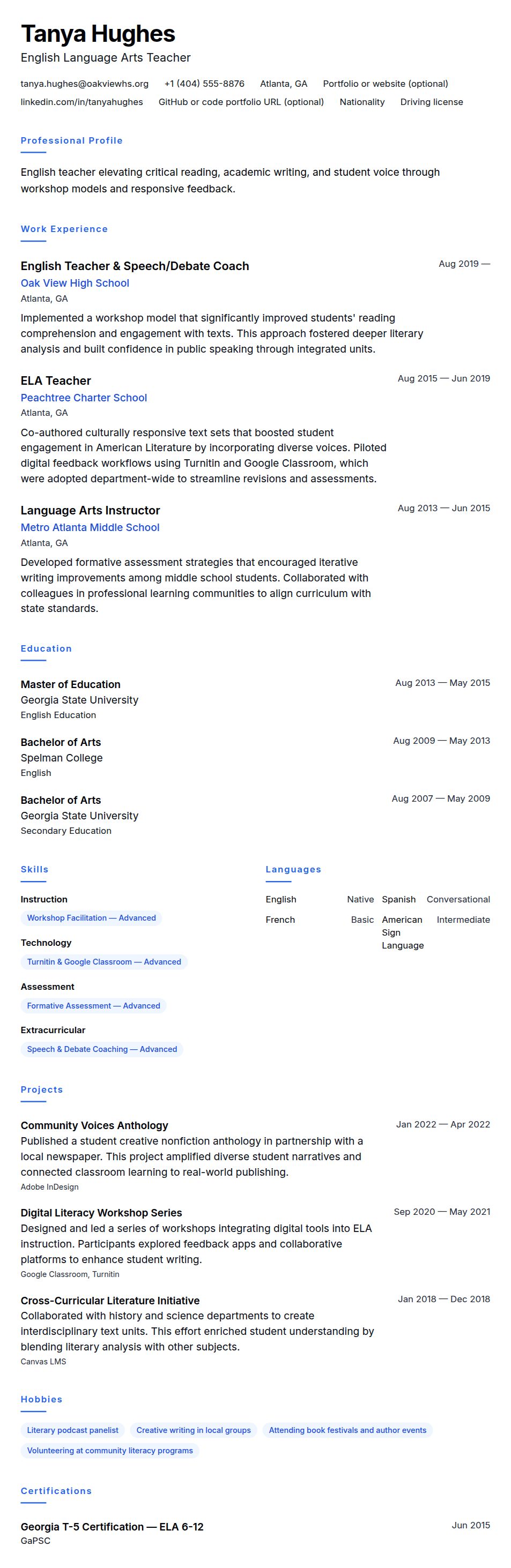 Resume preview for English Teacher Resume Example