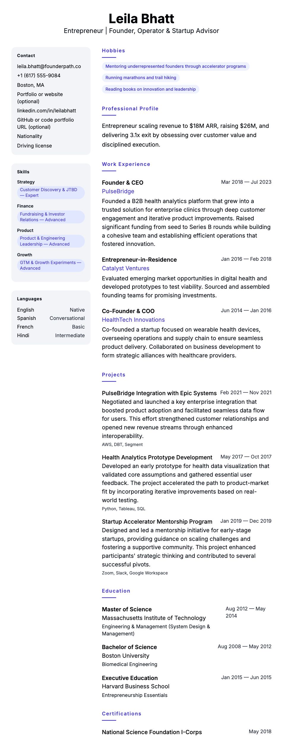 Resume preview for Entrepreneur Resume Example