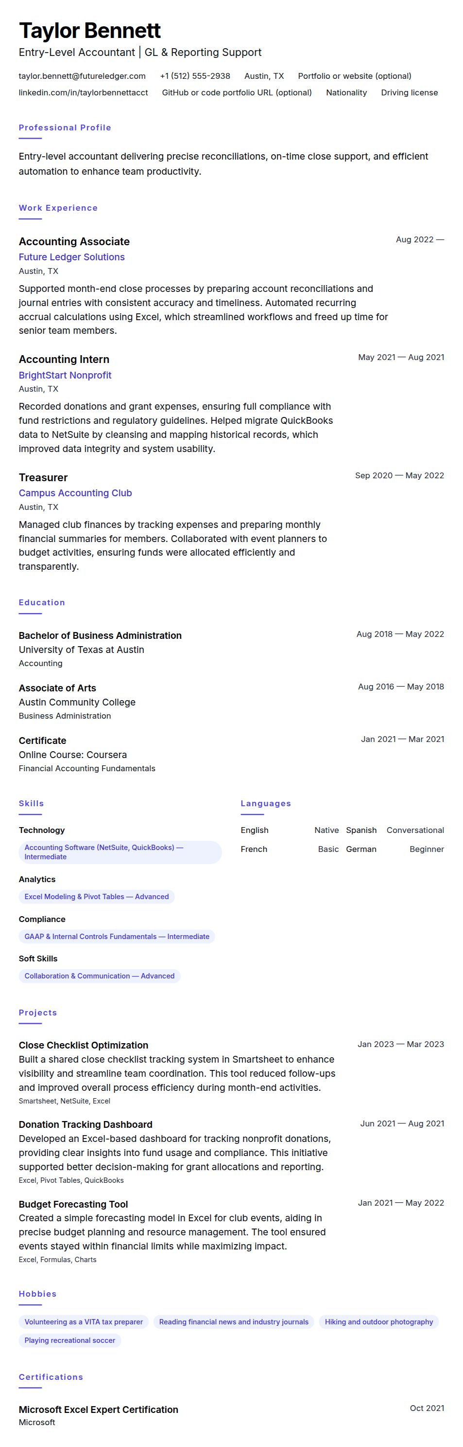 Resume preview for Entry-Level Accountant Resume Example