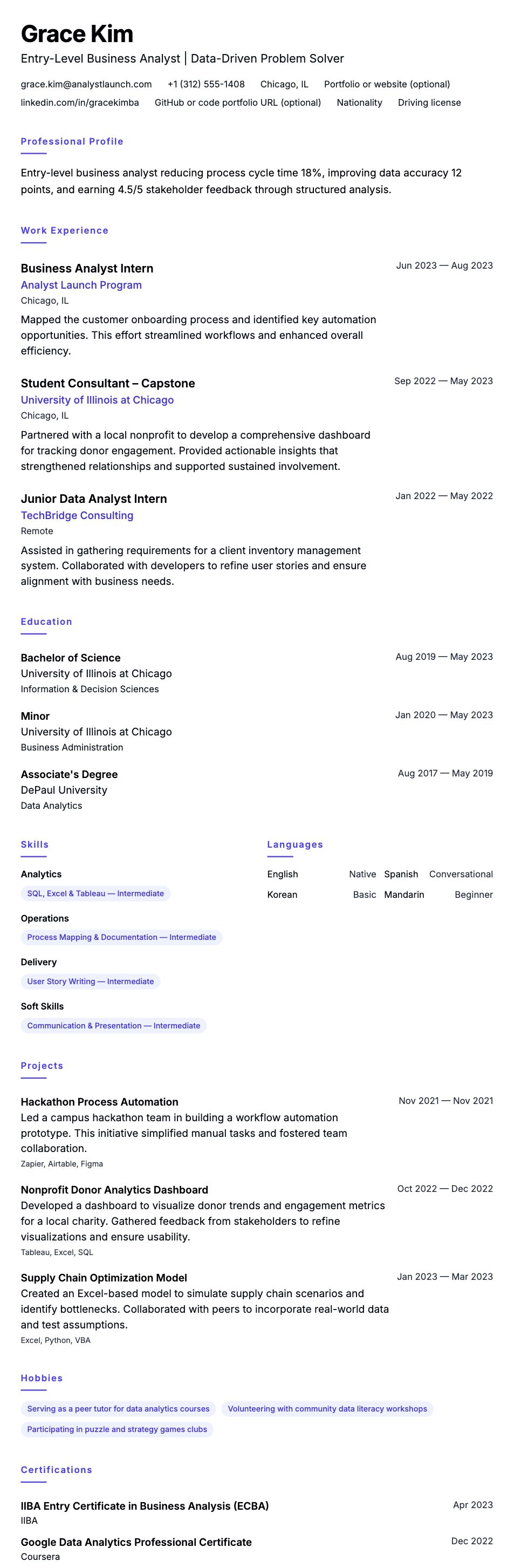 Resume preview for Entry-Level Business Analyst Resume Example