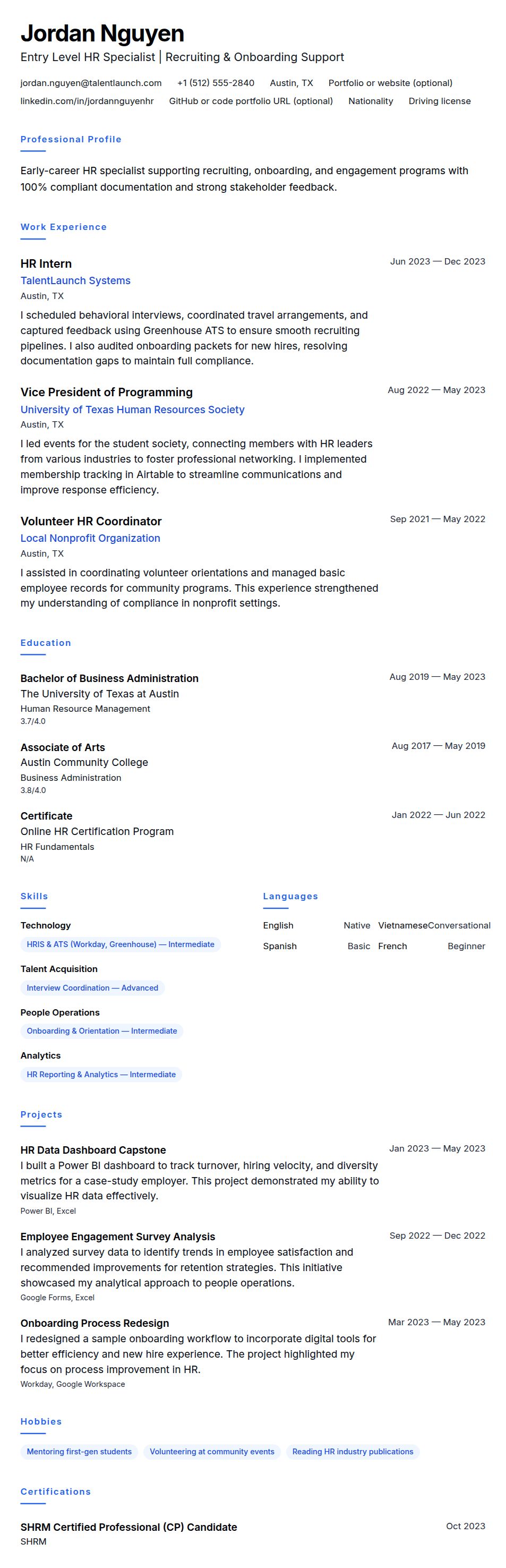 Resume preview for Entry Level HR Specialist Resume Example