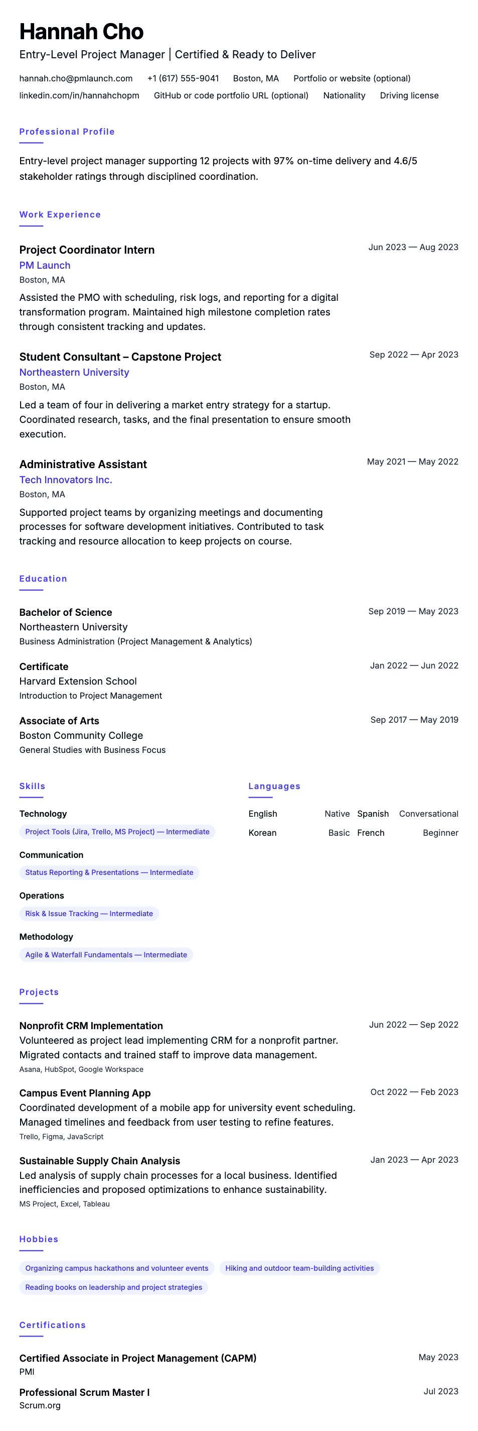 Resume preview for Entry-Level Project Manager Resume Example