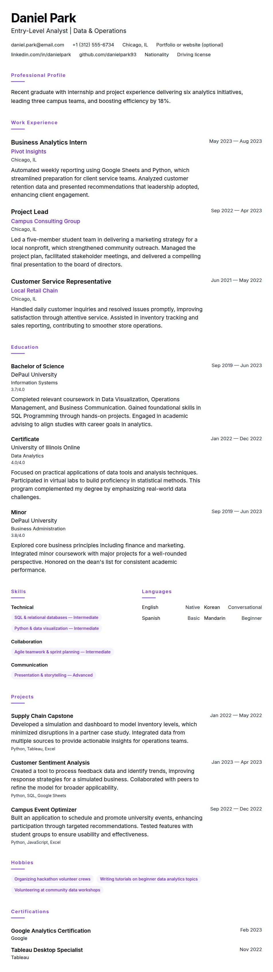Resume preview for Entry-Level Resume Resume Example
