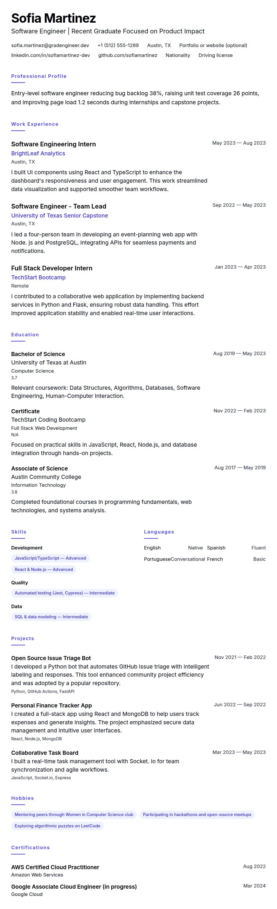Resume preview for Entry-Level Software Engineer Resume Example