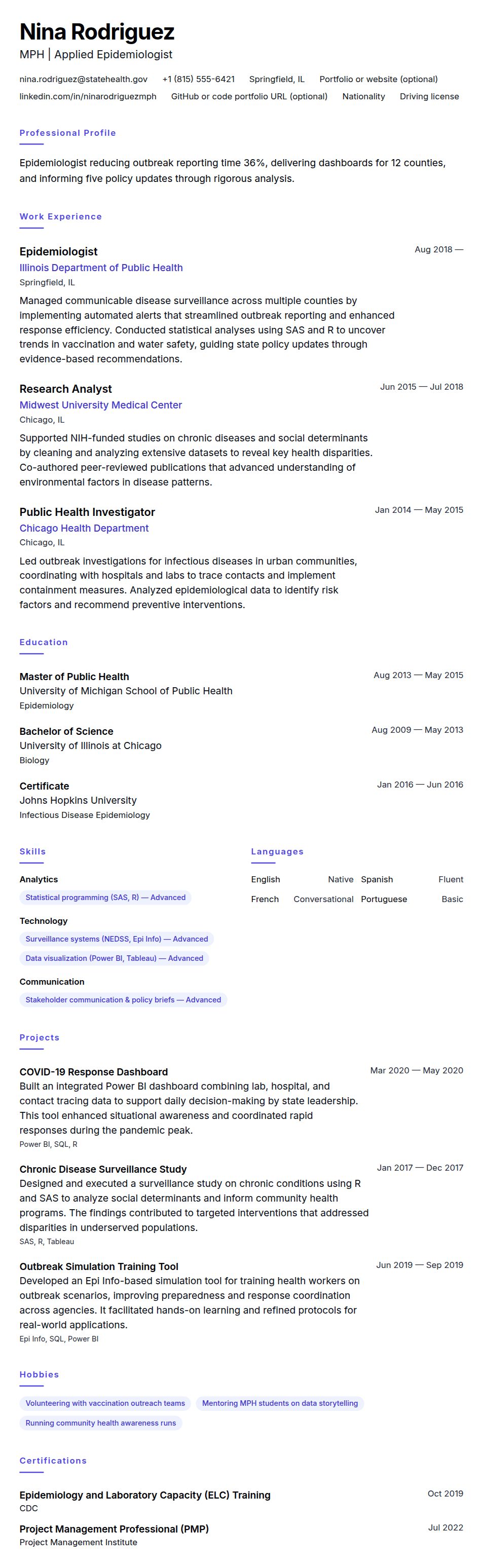 Resume preview for Epidemiologist Resume Example