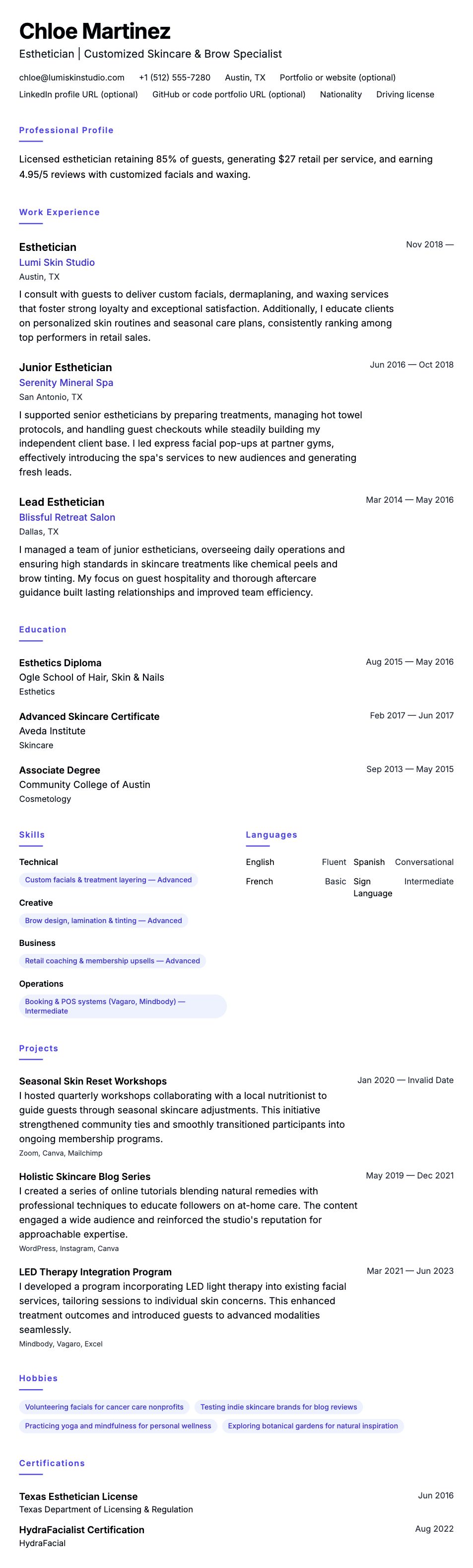 Resume preview for Esthetician Resume Example