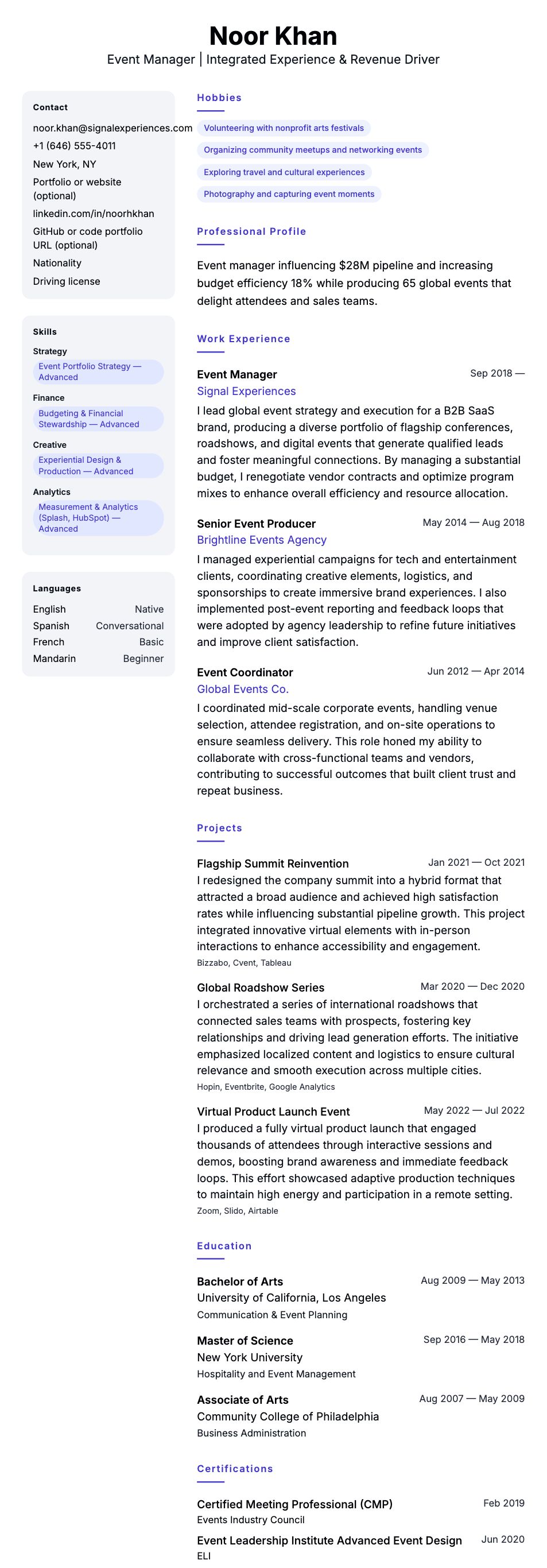 Resume preview for Event Manager Resume Example