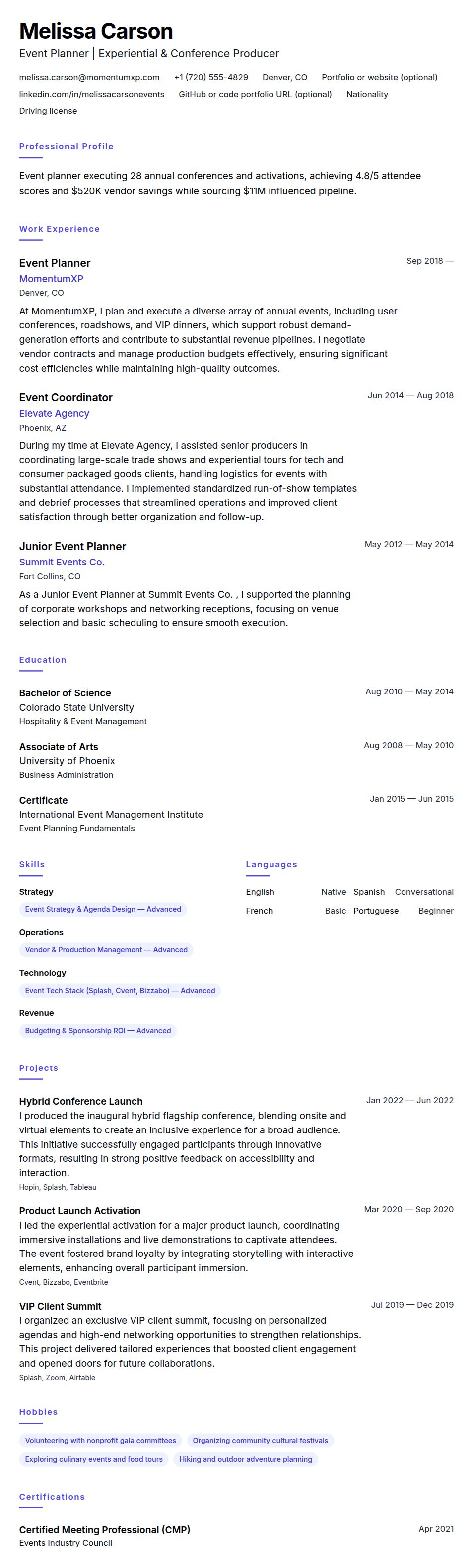 Resume preview for Event Planner Resume Example