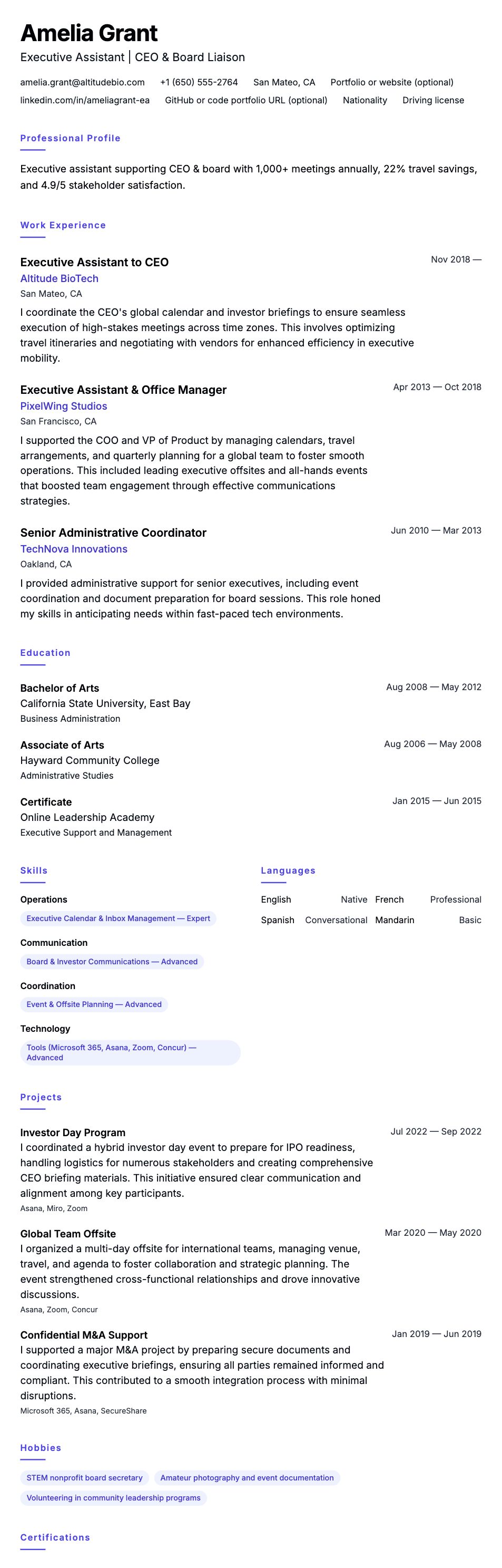Resume preview for Executive Assistant Resume Example