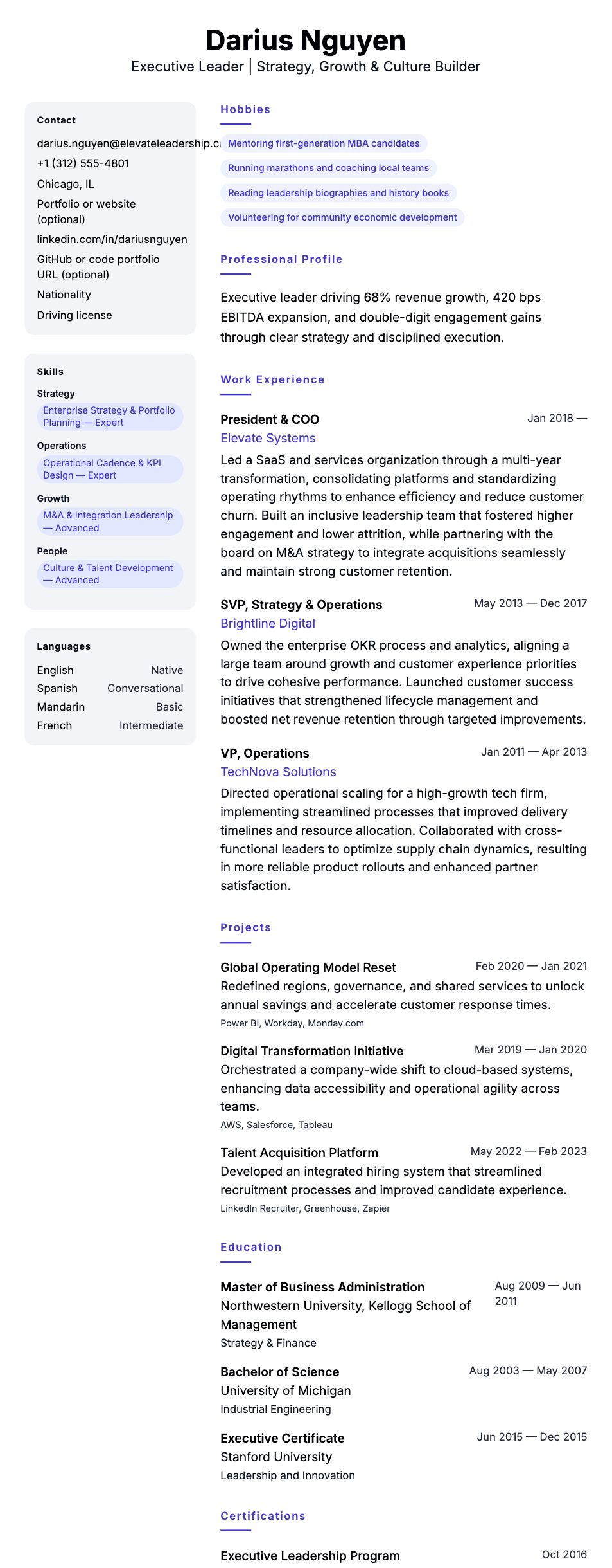 Resume preview for Executive Leader Resume Example