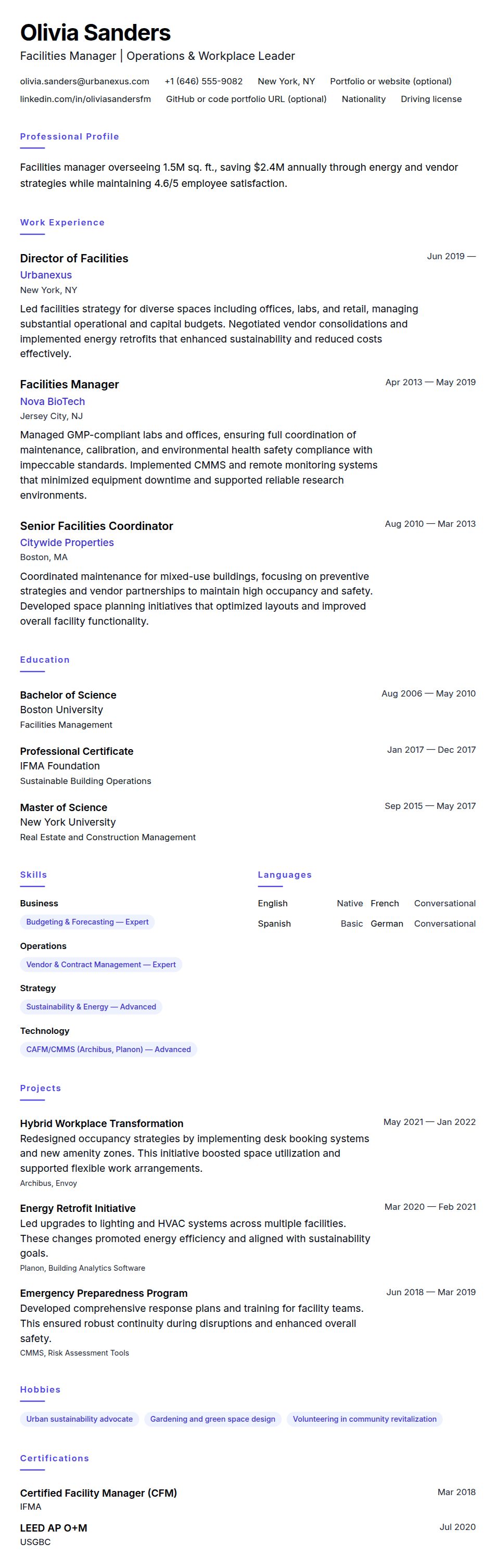 Resume preview for Facilities Manager Resume Example