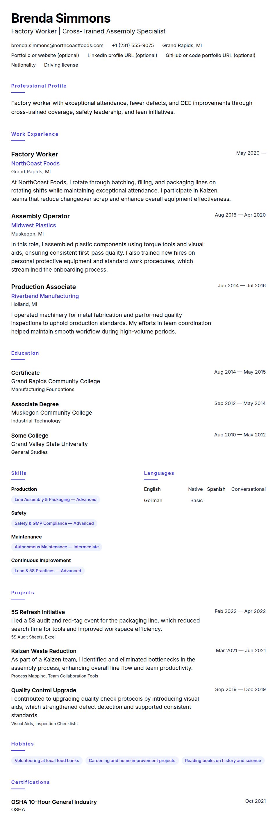 Resume preview for Factory Worker Resume Example