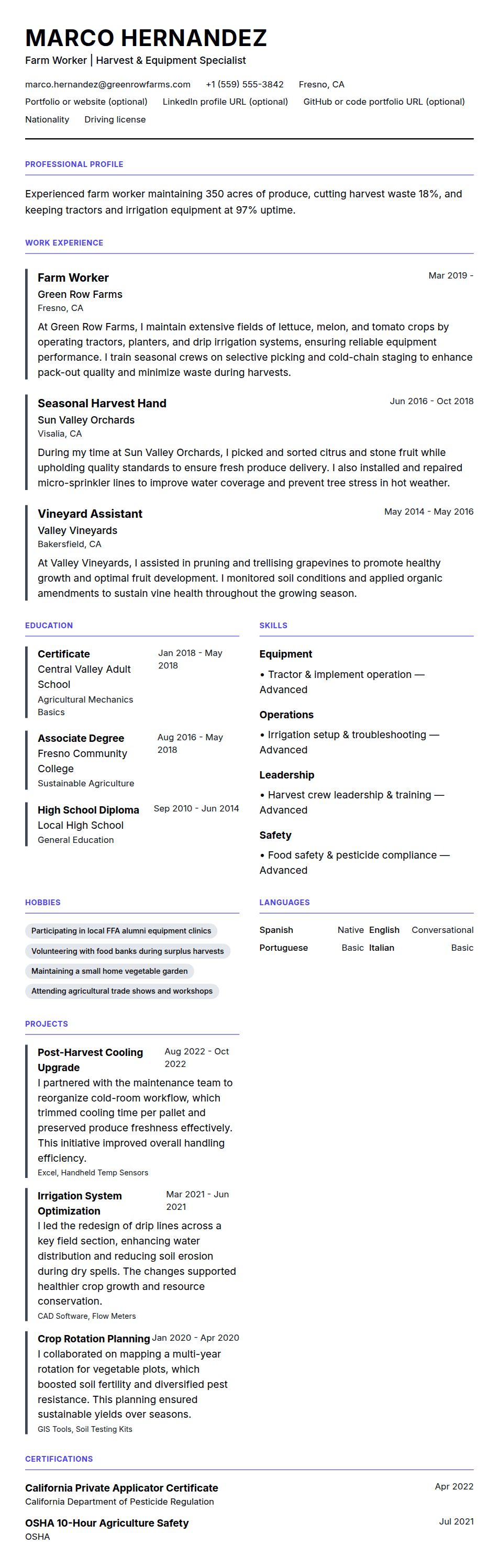 Resume preview for Farm Worker Resume Example