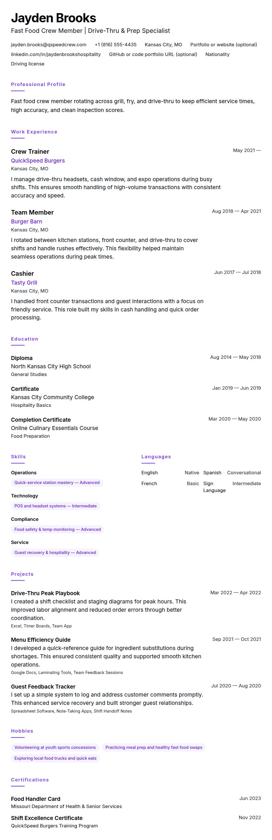 Resume preview for Fast Food Worker Resume Example
