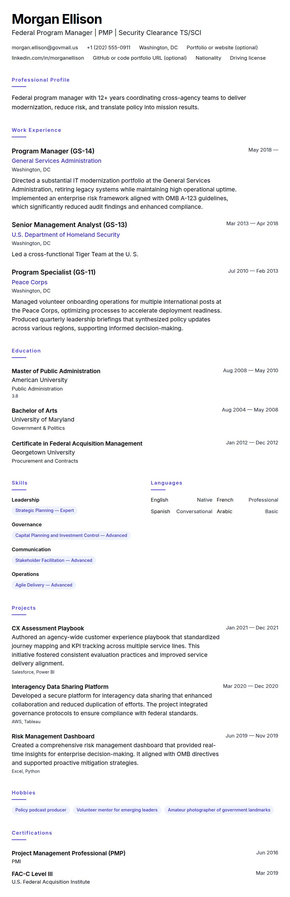 Resume preview for Federal Employee Resume Example