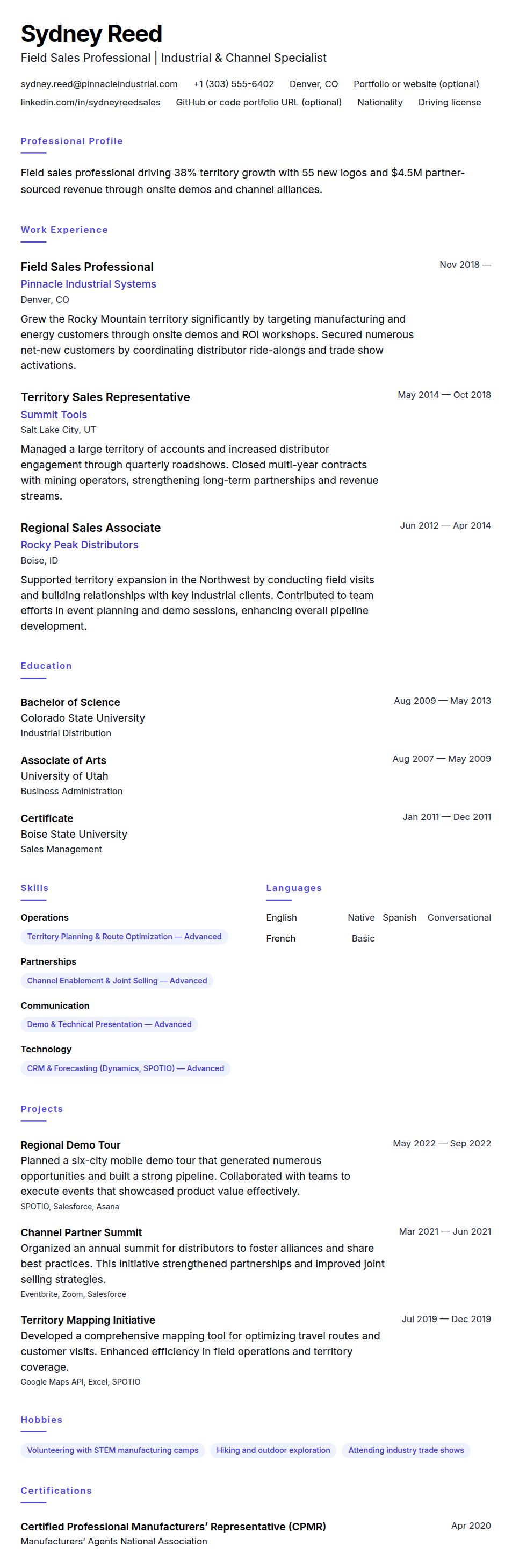 Resume preview for Field Sales Professional Resume Example