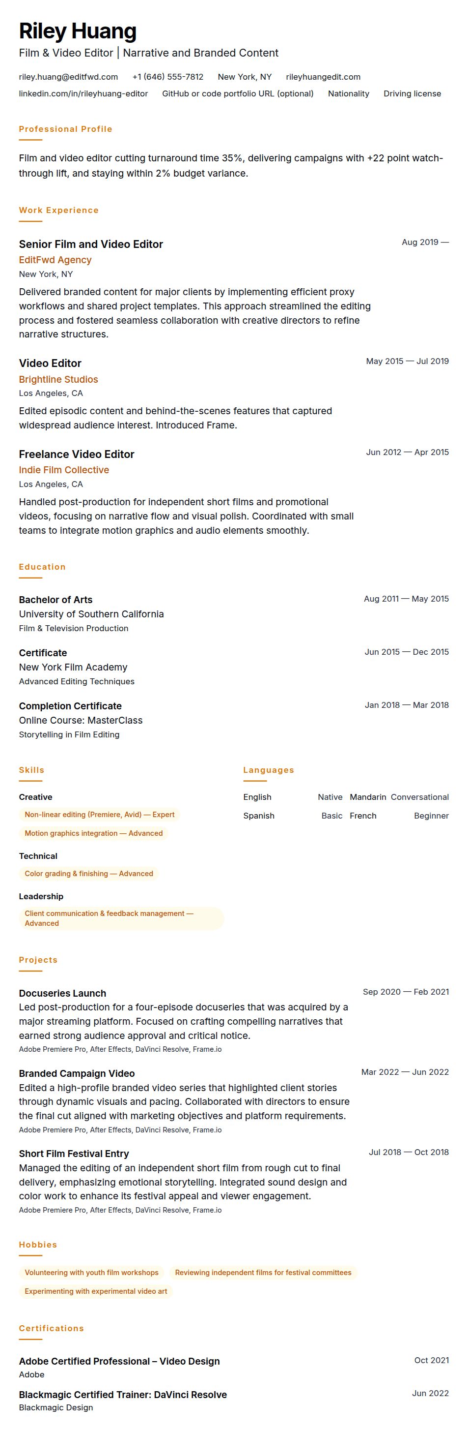 Resume preview for Film and Video Editor Resume Example