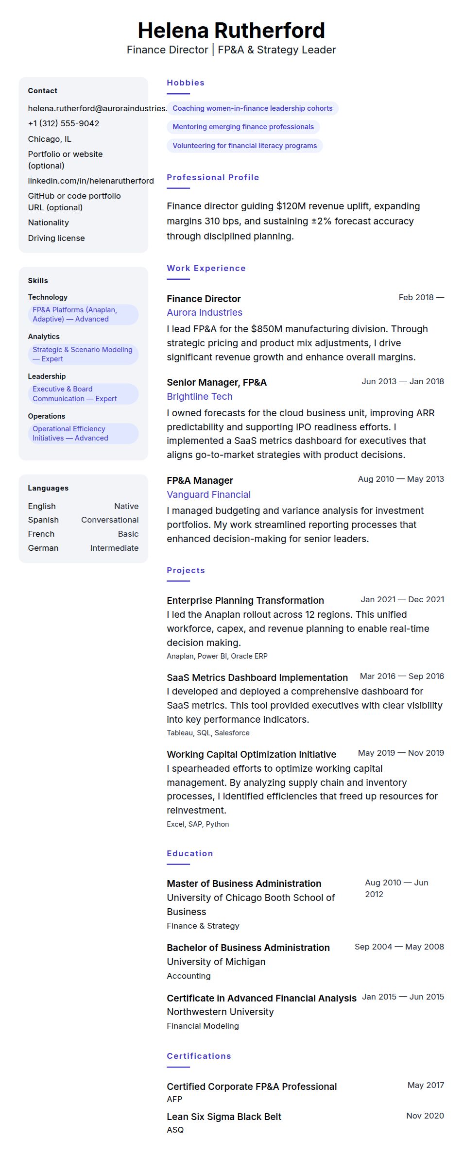 Resume preview for Finance Director Resume Example