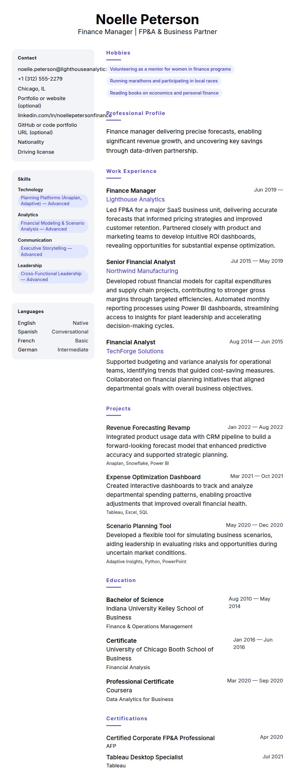 Resume preview for Finance Manager Resume Example