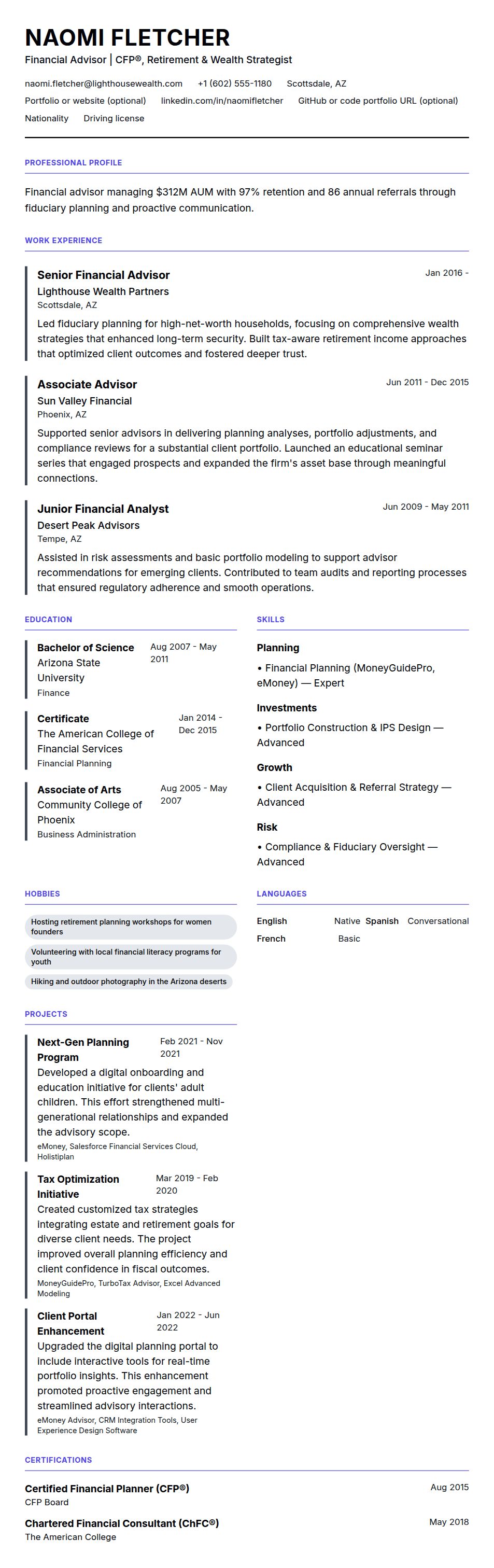 Resume preview for Financial Advisor Resume Example