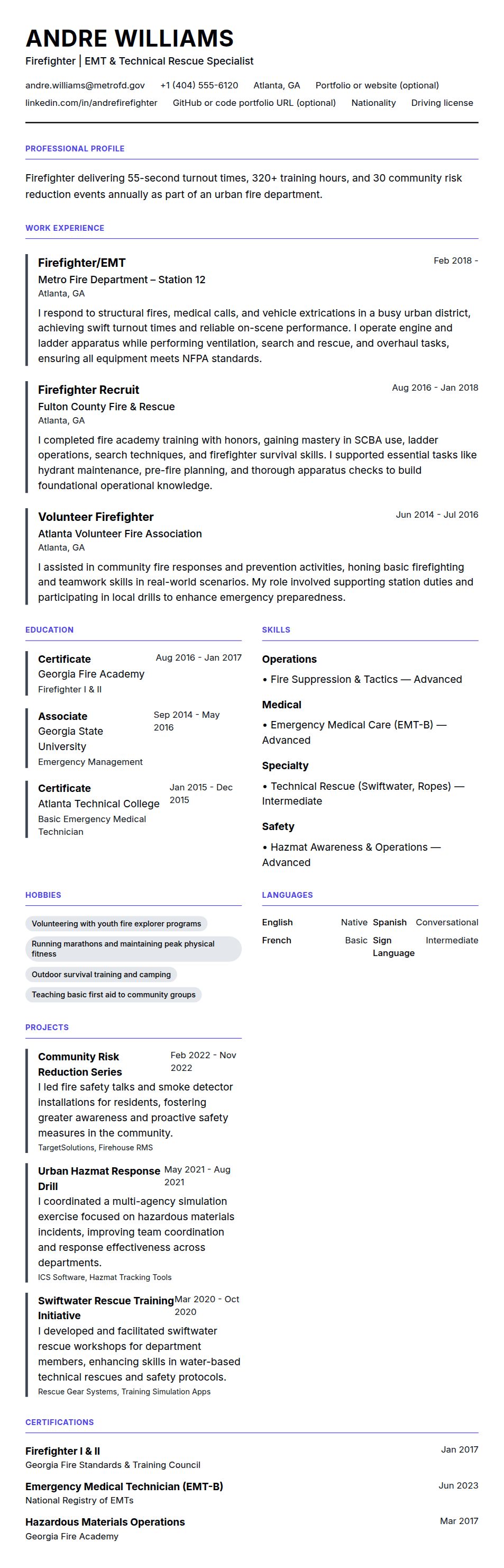 Resume preview for Firefighter Resume Example