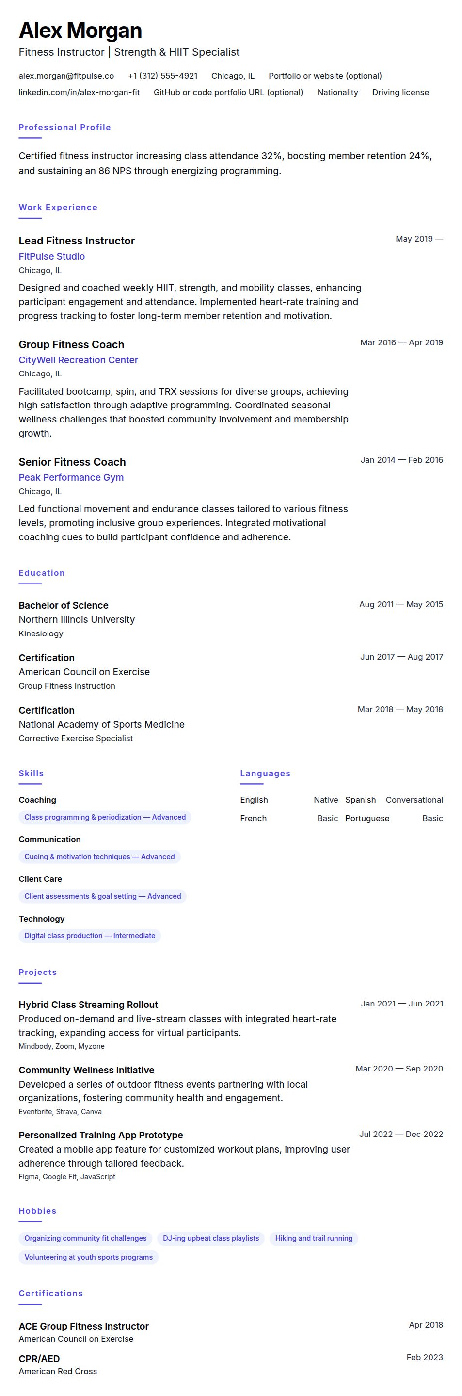 Resume preview for Fitness Instructor Resume Example