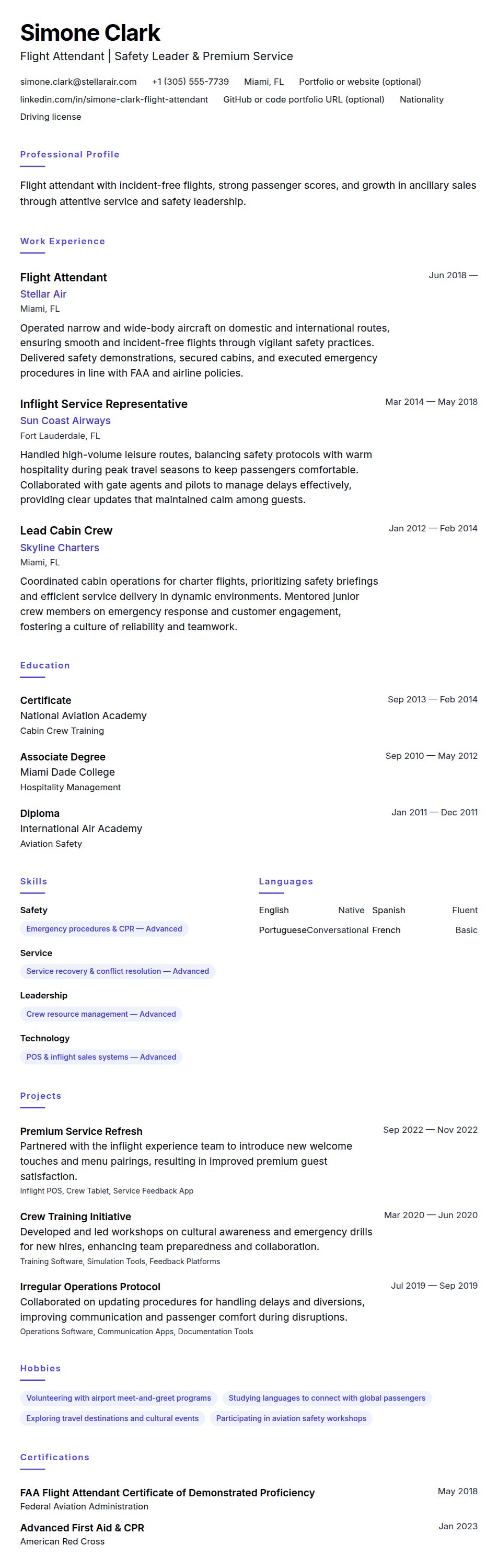 Resume preview for Flight Attendant Resume Example