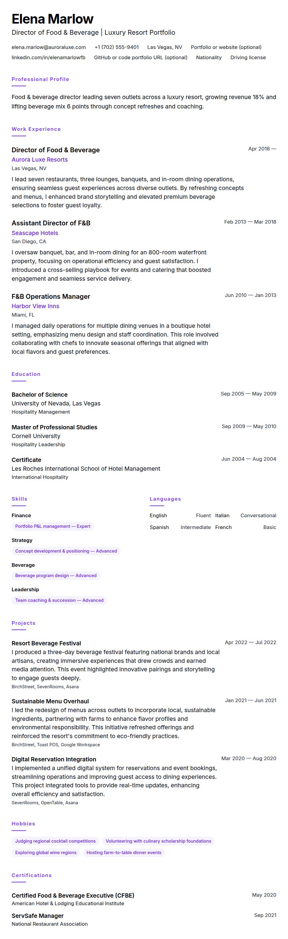 Resume preview for Food and Beverage Director Resume Example
