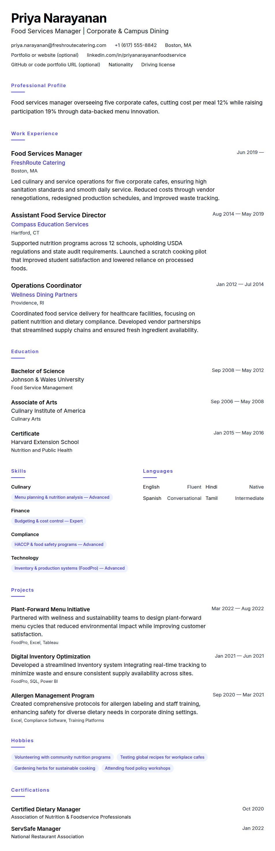 Resume preview for Food Services Manager Resume Example