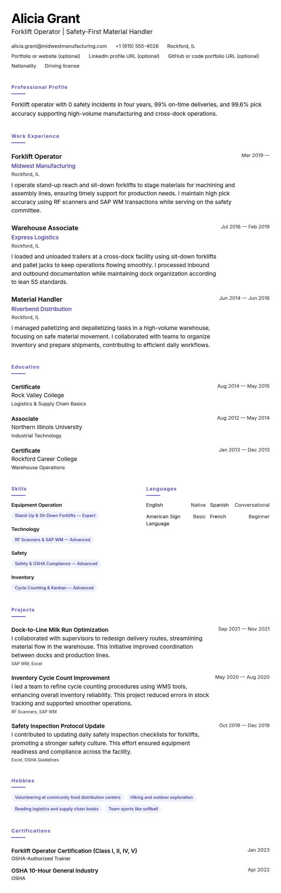 Resume preview for Forklift Operator Resume Example