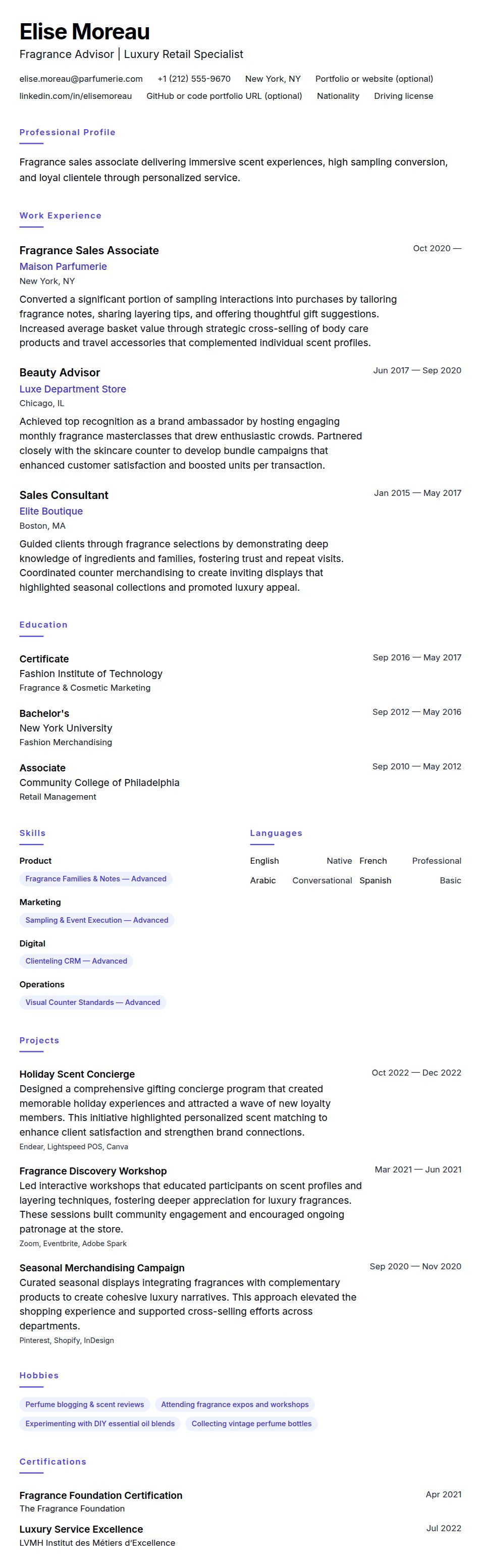 Resume preview for Fragrance Sales Associate Resume Example
