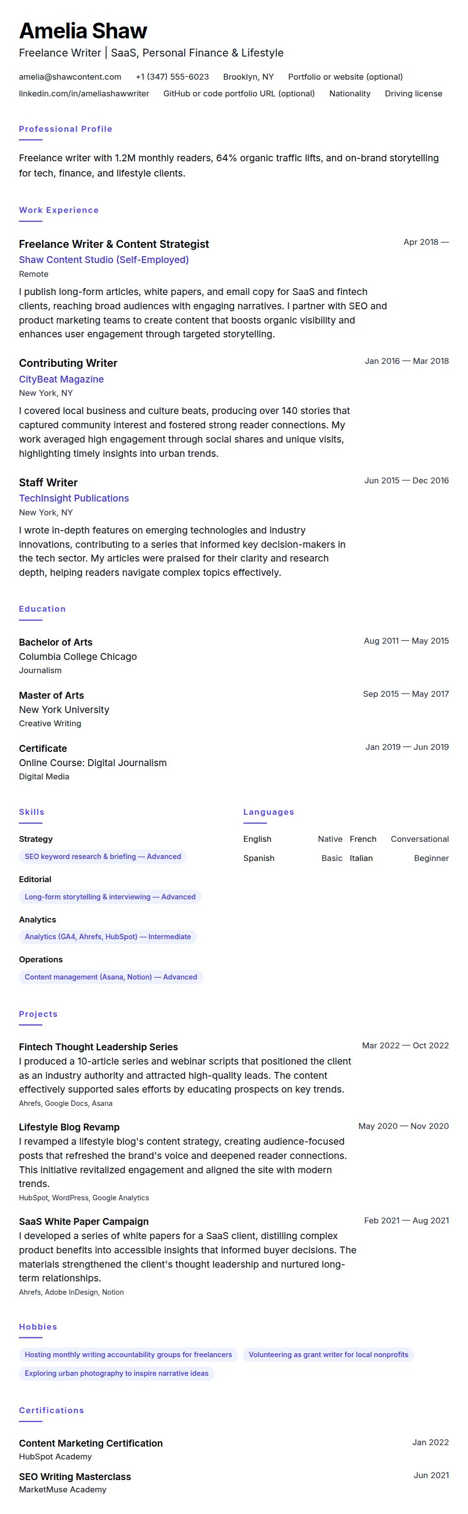 Resume preview for Freelance Writer Resume Example