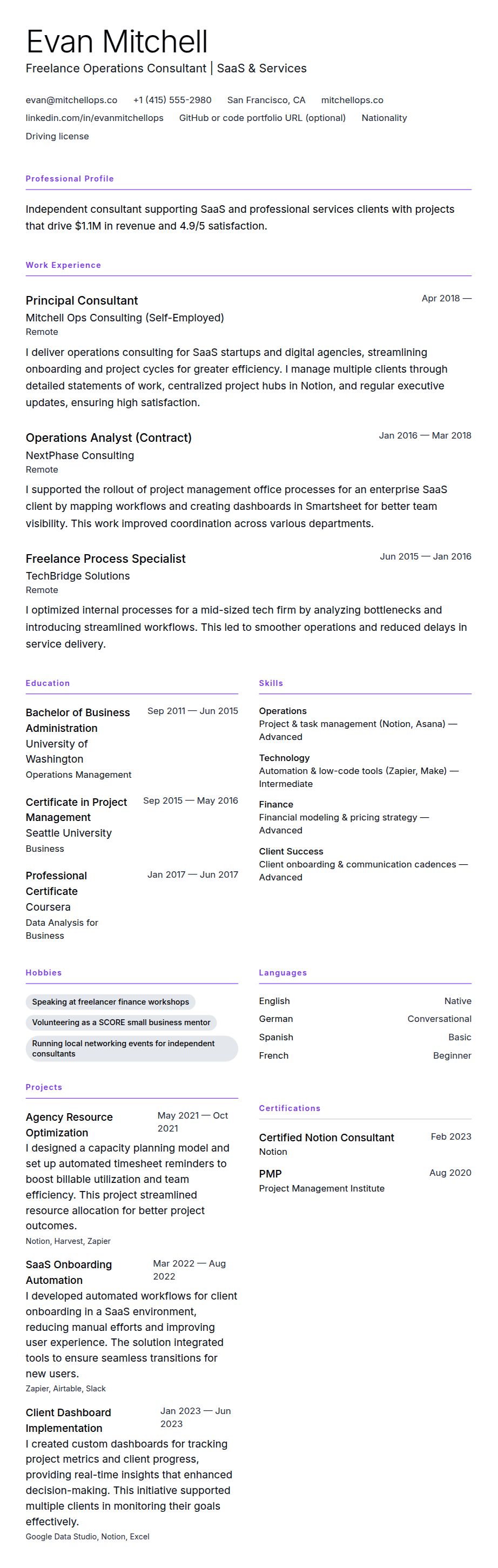 Resume preview for Freelancer Resume Example