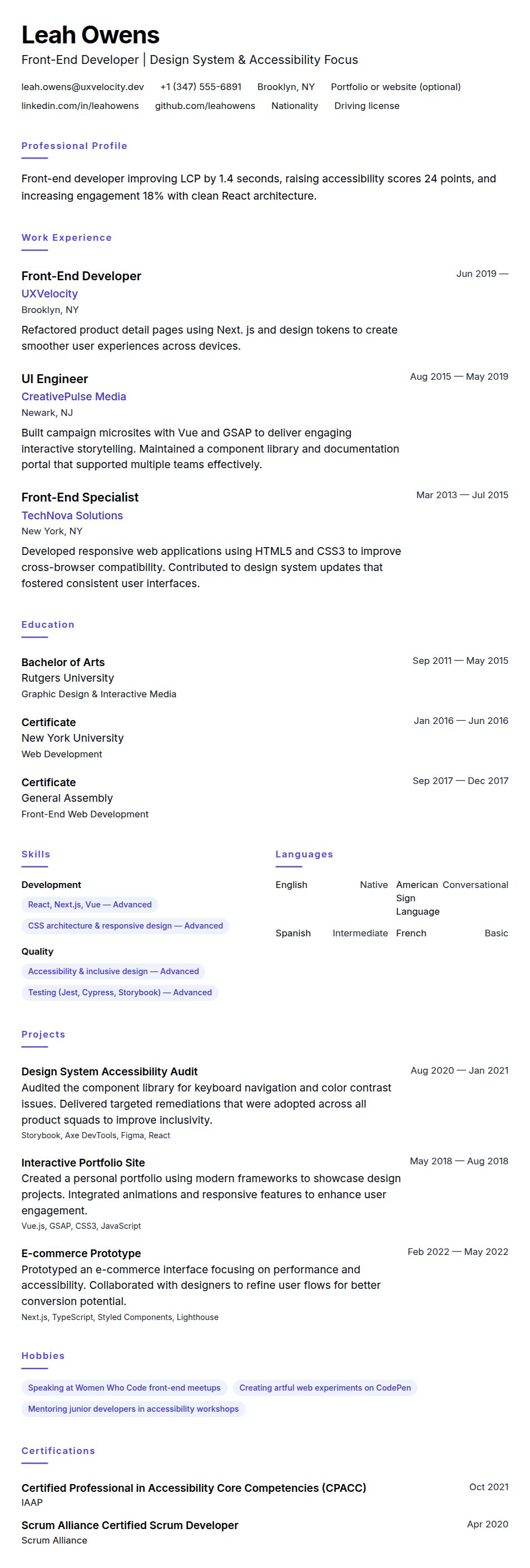 Resume preview for Front-End Developer Resume Example