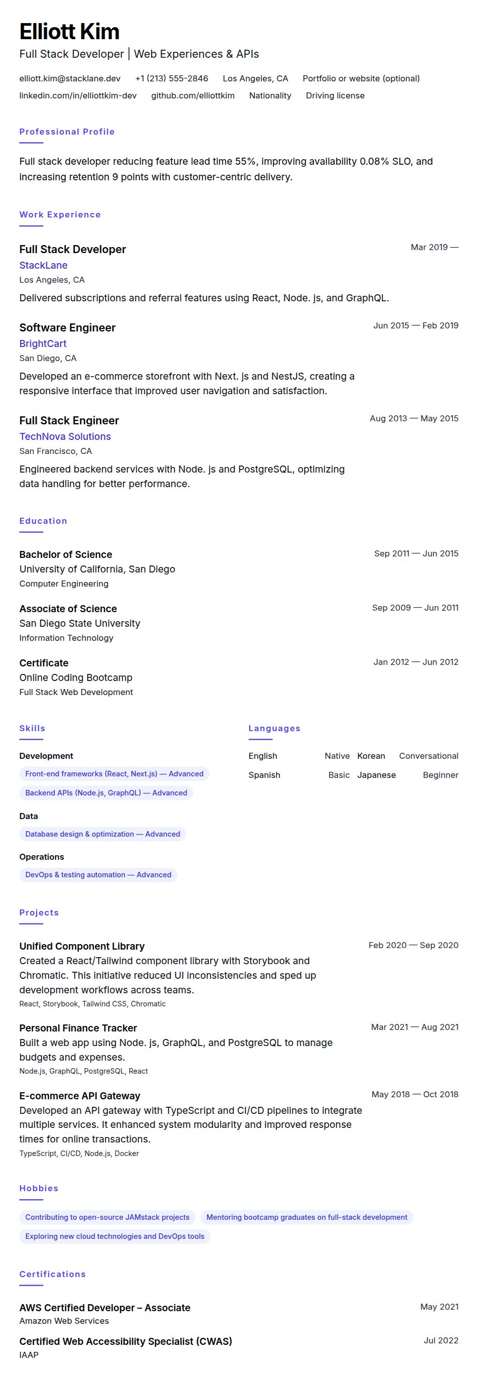 Resume preview for Full Stack Developer Resume Example